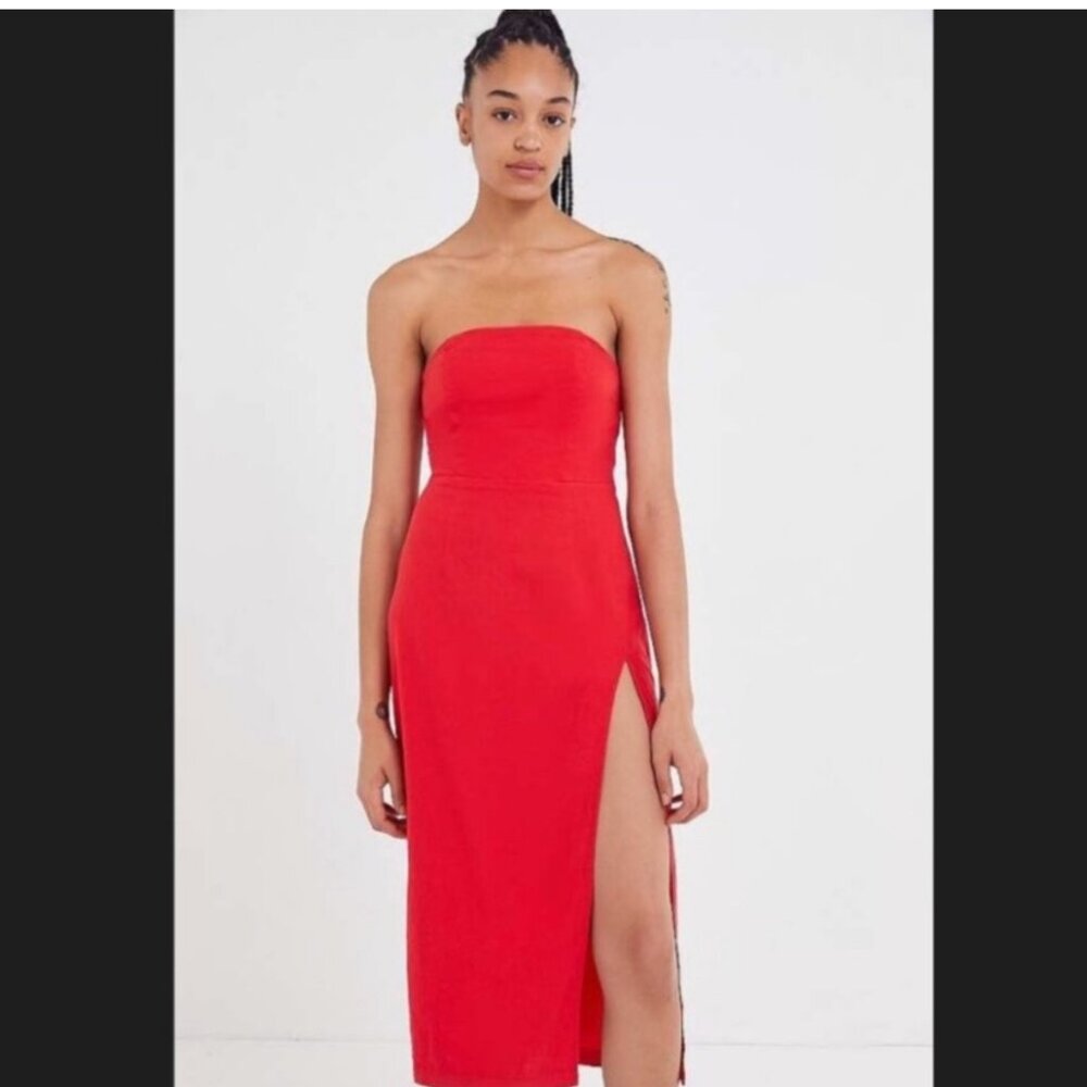 Bright Red/Orange Urban Outfitters Strapless Midi Dress with slit